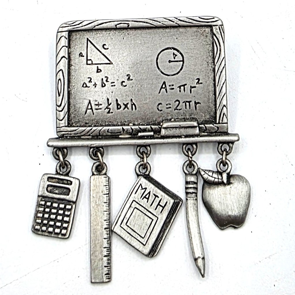 Vintage Jj Jonette Math Teachers Chalkboard Charms Brooch Pin Pewter Tone 1970s